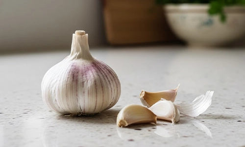 Garlic A whole garlic bulb with several peeled garlic cloves on a kitchen counter.