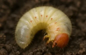 Cream-colored lawn grub on soil, common turf pest with brown head.