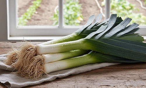 Leeks Freshly harvested leeks with roots and green tops resting on a kitchen towel by a window.