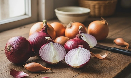 Onion Red and brown onions, whole and halved, set on a wooden table in a sunlit kitchen.