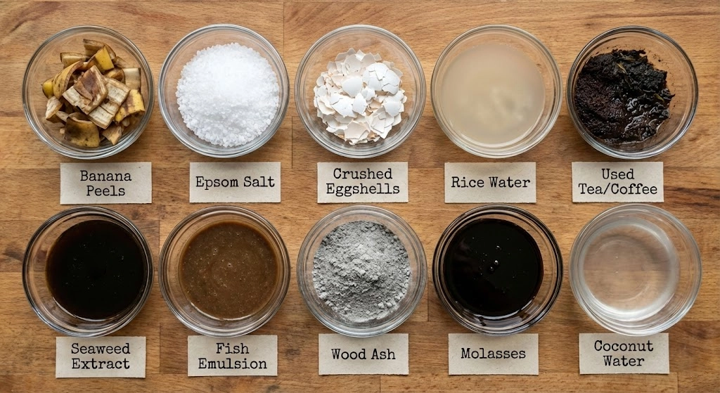Ten small bowls of natural orchid fertiliser ingredients labelled banana peels, Epsom salt, crushed eggshells, rice water, used tea/coffee, seaweed extract, fish emulsion, wood ash, molasses and coconut water.