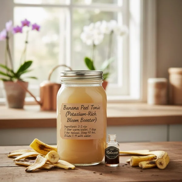 Mason jar labelled “Banana Peel Tonic” surrounded by banana peels and a small bottle of molasses on a kitchen bench.