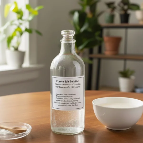 Clear glass bottle labelled “Epsom Salt Solution” on a wooden table with a white bowl and houseplants in the background.