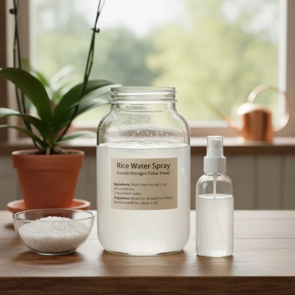 Large jar labelled “Rice Water Spray” beside a small mist bottle and bowl of uncooked rice on a table with an orchid in the background.