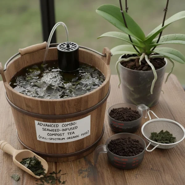Wooden bucket labelled “Seaweed‑Infused Compost Tea” bubbling with steeping seaweed beside measuring cups of compost pellets and a potted orchid.