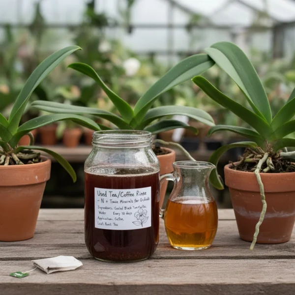 Jar labelled “Used Tea/Coffee Rinse” and a small jug of amber liquid on a greenhouse bench among potted orchids.