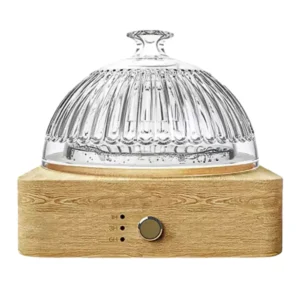 Front view of Pestrol glass oil diffuser on wood base with single button and timer lights.
