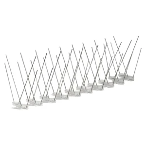 Angled view of Pestrol zig zag wide base bird spike strip with stainless steel wires on a wavy clear base.