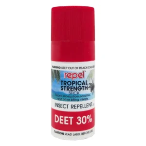 Repel Tropical Strength insect repellent stick 25 g with red cap on.