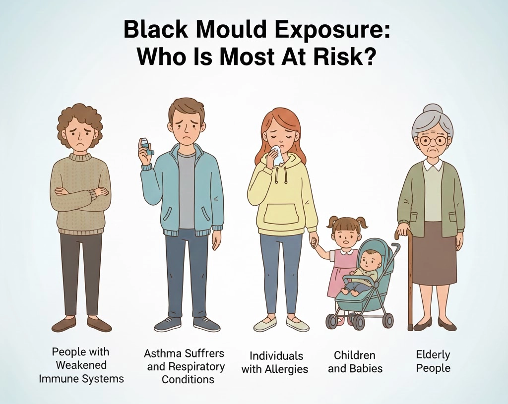 Who is most at risk for black mould exposure infograpic Infographic titled “Black mould exposure: who is most at risk?” showing cartoon figures of a person with a weakened immune system, a man with an inhaler, a woman with allergies, two young children, and an elderly woman.