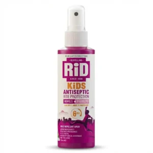 Kids Rid Pump 100Ml insect repellent and antiseptic spray. Offers 6-hour protection against bites, reduces inflammation, and prevents infection.