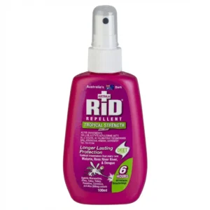 Rid Tropical Pump 100Ml insect repellent in a pink bottle, offering 8-hour DEET protection against mosquitoes and flies.