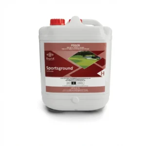 White 10L container of Sportsground Herbicide for professional weed control on turf, featuring a golf course image on the label.