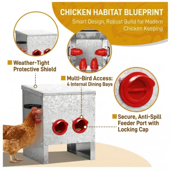 4-Port Chicken Feeder – Galvanised Steel Hopper Feeder - Image 5