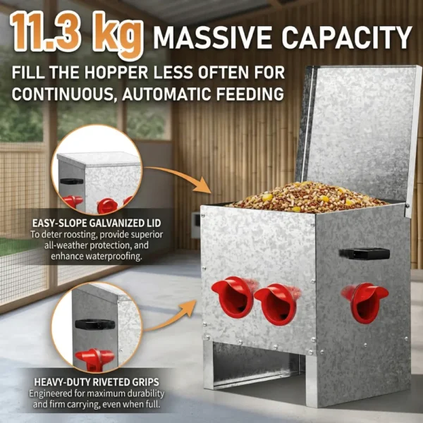 4-Port Chicken Feeder – Galvanised Steel Hopper Feeder - Image 4
