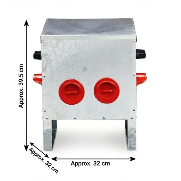 4-Port Galvanised Steel Hopper Chicken Feeder, 39.5cm tall, with durable red feeding ports, ensuring efficient poultry feeding.