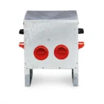 4-Port Galvanised Steel Hopper Chicken Feeder with visible red feeding ports on a white background. Durable poultry feed dispenser.