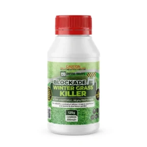 David Grays Blockade Winter Grass Killer 125g bottle for selective control of winter grass in home gardens and sports turf.