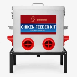 Galvanized chicken feeder kit with red feeding ports and raised metal stand
