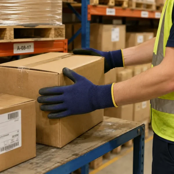 Warehouse worker wearing touchscreen grip work gloves while handling cardboard boxes