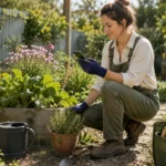 Gardener wearing touchscreen work gloves while tending plants in the garden