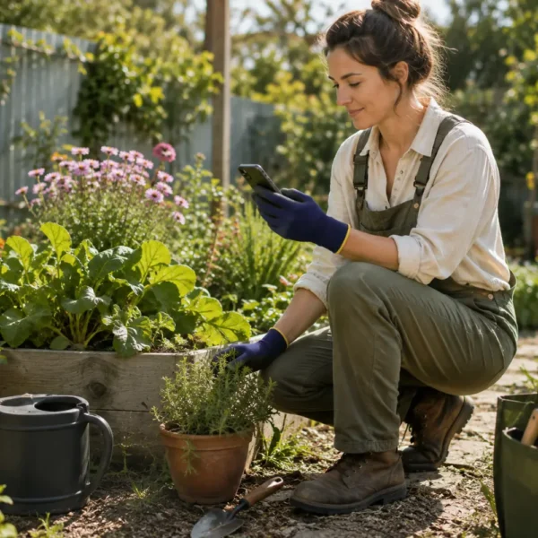 Gardener wearing touchscreen work gloves while tending plants in the garden