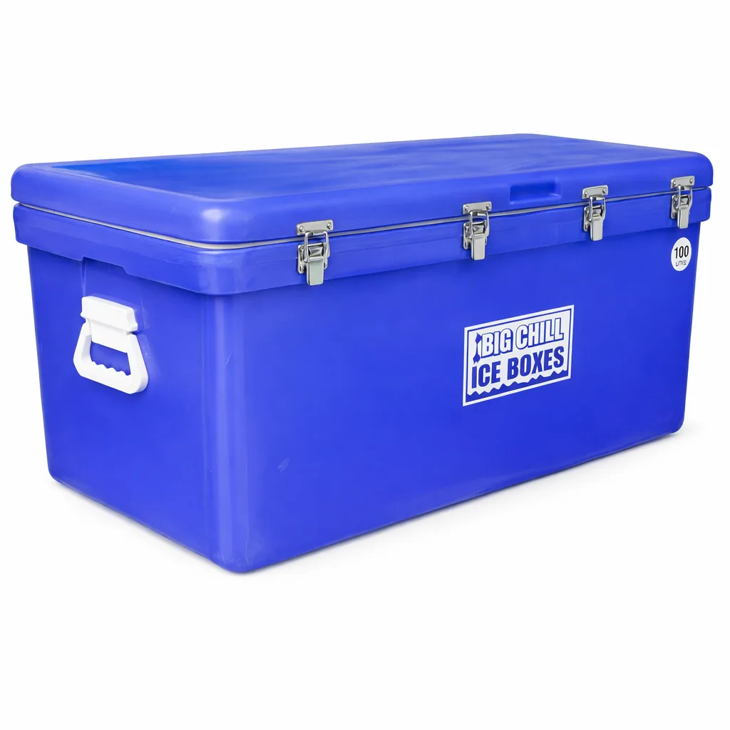 Big Chill 105 litre long ice box on a white background, with lid and stainless-steel clasps visible.