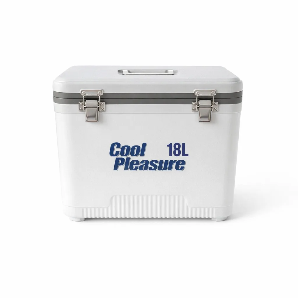 White Cool Pleasure 18 litre ice box with grey lid, handle and front closures on a white background.