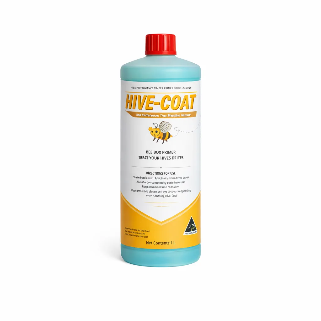 Turquoise-blue HiveCoat Bee Box Primer bottle with red cap and white label on a white background