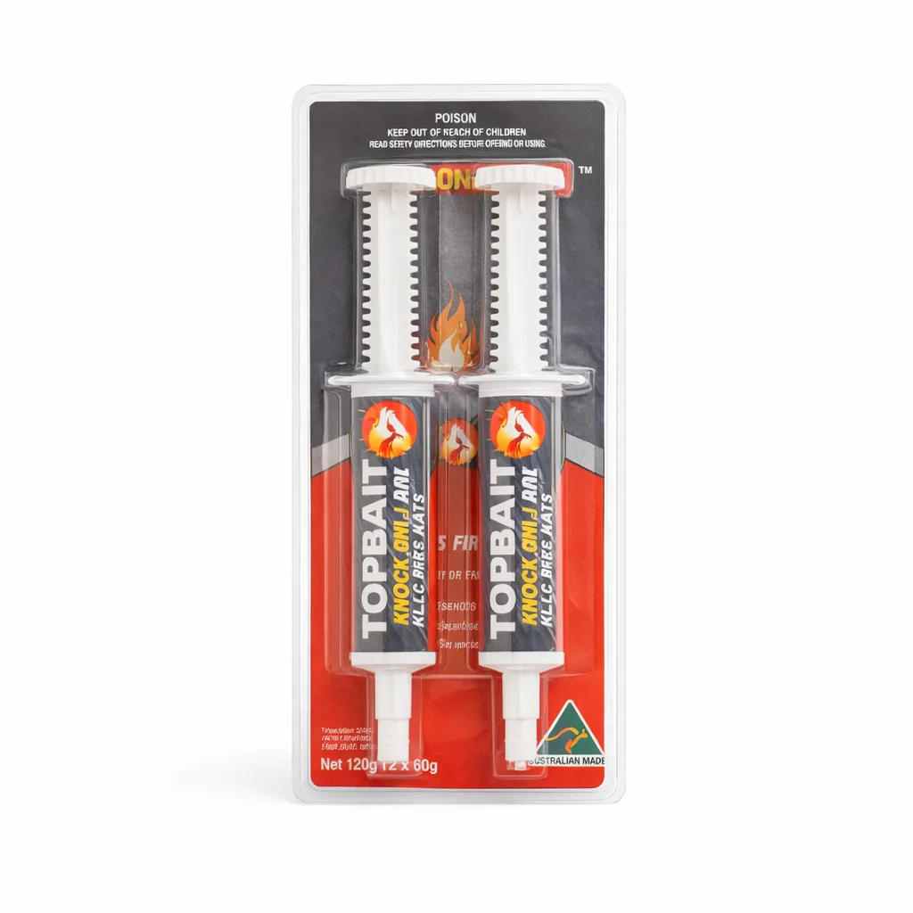 Topbait Knock-On fire ant bait syringe twin pack on a white background