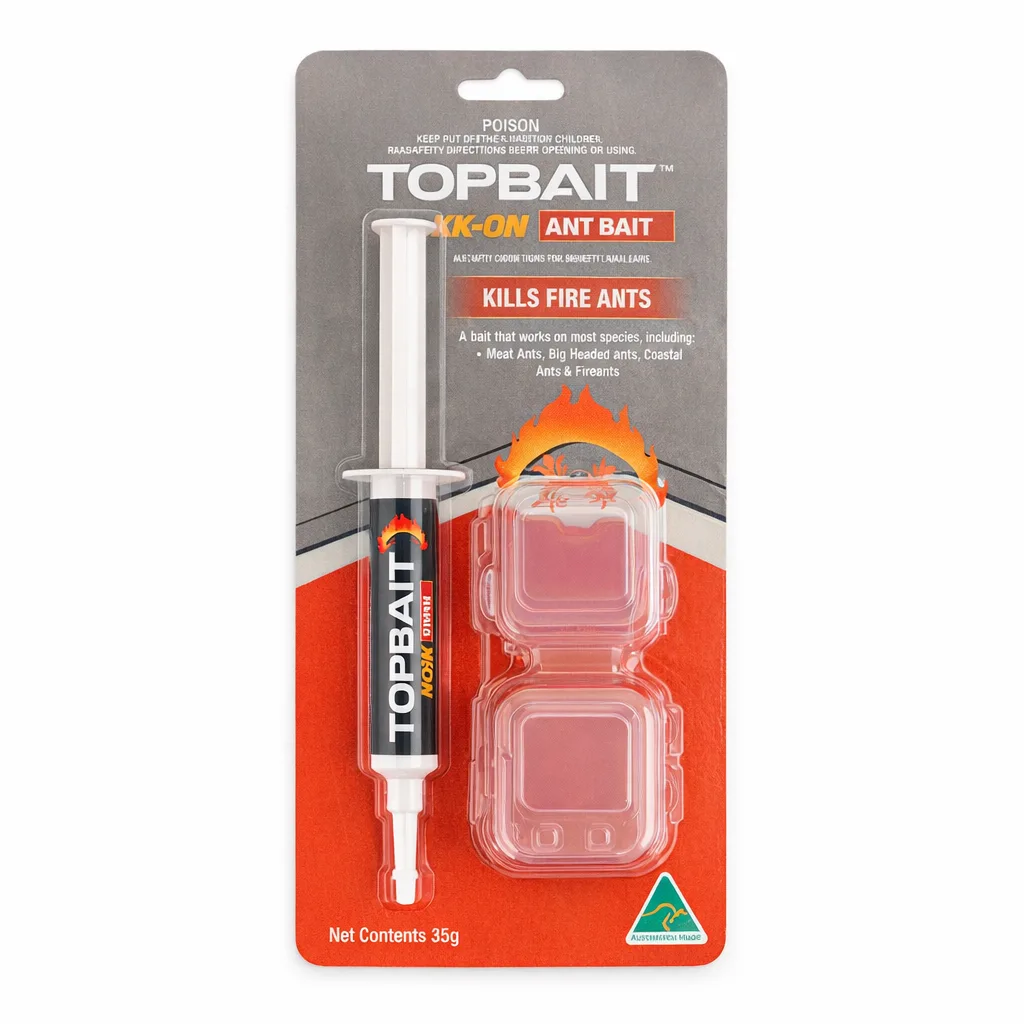 Topbait Knock-On fire ant bait protection pack with 35g syringe and five bait stations