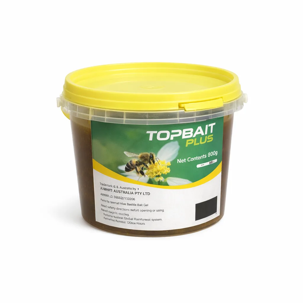 Topbait Plus small hive beetle bait in a translucent pail with a yellow lid and green-and-white label
